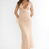 Lysandra Flared Cuff Maxi Dress Lace Beige