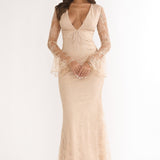Lysandra Flared Cuff Maxi Dress Lace Beige