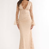 Lysandra Flared Cuff Maxi Dress Lace Beige
