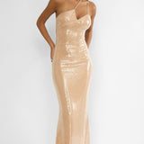 Roselyn One-Shoulder Sequin Maxi Dress Latte