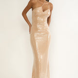 Roselyn One-Shoulder Sequin Maxi Dress Latte
