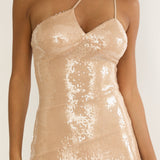 Roselyn One-Shoulder Sequin Maxi Dress Latte