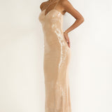 Roselyn One-Shoulder Sequin Maxi Dress Latte