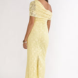 Elita Asymmetric Neckline Lace Maxi Dress Lemon