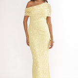 Elita Asymmetric Neckline Lace Maxi Dress Lemon