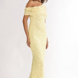 Elita Asymmetric Neckline Lace Maxi Dress Lemon