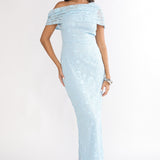 Elita Asymmetric Neckline Lace Maxi Dress Blue