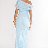 Elita Asymmetric Neckline Lace Maxi Dress Blue