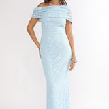 Elita Asymmetric Neckline Lace Maxi Dress Blue