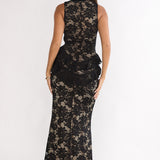 Serenella Peplum Lace Maxi Dress Black