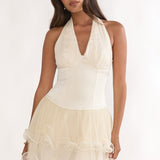 Ellery Halterneck Layered Hem Mini Dress Oyster