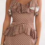 Tahlie Ruffle Trim Maxi Dress Polka Dot Mocha