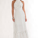 Romana High Neck Halter Maxi Dress Polka Dot White