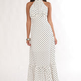 Romana High Neck Halter Maxi Dress Polka Dot White