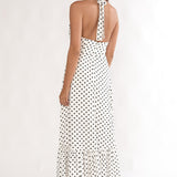 Romana High Neck Halter Maxi Dress Polka Dot White