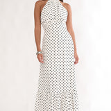 Romana High Neck Halter Maxi Dress Polka Dot White
