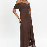 Millitah Asymmetric Hem Mesh Maxi Dress Chocolate
