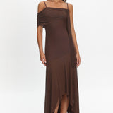 Millitah Asymmetric Hem Mesh Maxi Dress Chocolate