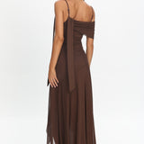 Millitah Asymmetric Hem Mesh Maxi Dress Chocolate