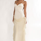 Rivena Rosette Chiffon Drape Maxi Dress Oyster