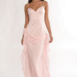 Rivena Rosette Chiffon Drape Maxi Dress Pink