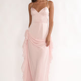 Rivena Rosette Chiffon Drape Maxi Dress Pink