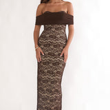 Jewelene Off-Shoulder Maxi Dress Lace Chocolate