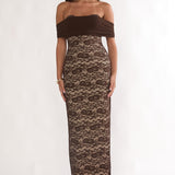 Jewelene Off-Shoulder Maxi Dress Lace Chocolate