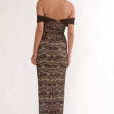 Jewelene Off-Shoulder Maxi Dress Lace Chocolate