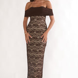 Jewelene Off-Shoulder Maxi Dress Lace Chocolate