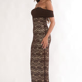 Jewelene Off-Shoulder Maxi Dress Lace Chocolate