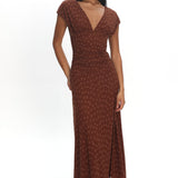 Novia Ruched Bodice Maxi Dress Embroidered Chocolate