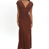 Novia Ruched Bodice Maxi Dress Embroidered Chocolate