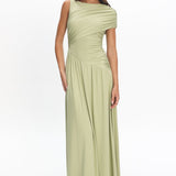 Adiel Ruched Asymmetric Waist Maxi Dress Olive