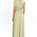 Adiel Ruched Asymmetric Waist Maxi Dress Olive