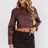 Navigator Snap Button Faux Leather Jacket Brown