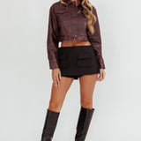 Navigator Snap Button Faux Leather Jacket Brown