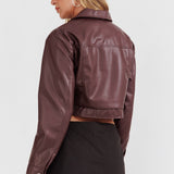 Navigator Snap Button Faux Leather Jacket Brown
