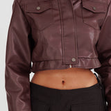 Navigator Snap Button Faux Leather Jacket Brown