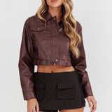 Navigator Snap Button Faux Leather Jacket Brown
