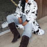 Morganne Faux Fur Waist Tie Coat Animal Print White/Brown