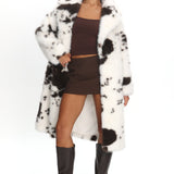 Morganne Faux Fur Waist Tie Coat Animal Print White/Brown