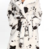 Morganne Faux Fur Waist Tie Coat Animal Print White/Brown