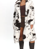 Morganne Faux Fur Waist Tie Coat Animal Print White/Brown