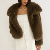 Harlequinn Oversized Lapel Faux Fur Jacket Coffee
