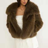 Harlequinn Oversized Lapel Faux Fur Jacket Coffee
