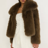Harlequinn Oversized Lapel Faux Fur Jacket Coffee