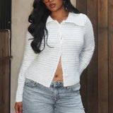 Gavrielle Collared Knit Cardigan Stripe Baby Blue