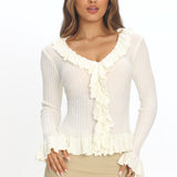 Jaimy Ruffle Trim Knit Cardigan Cream