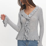 Jaimy Ruffle Trim Knit Cardigan Grey